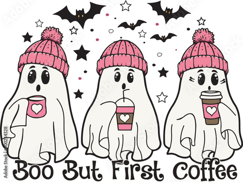 Boo But First Coffee Pink Ghosts Drinking Coffee Cute Halloween T shirt Design