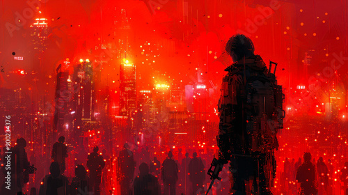 Young Survivor Facing Apocalyptic Cityscape at Sunset, Armed Man Observing Crowd in Ruined Urban Setting, Digital Art, Dystopian Future Scene photo