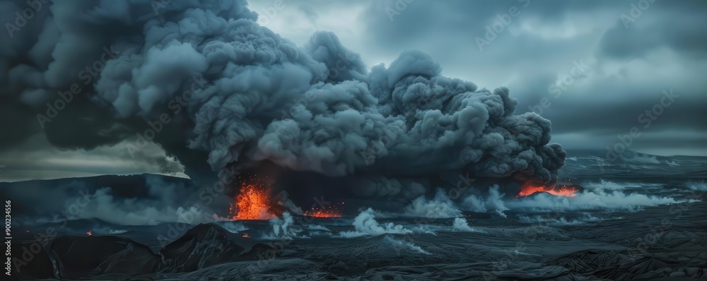 Fototapeta premium Volcanic ash cloud billowing from an active volcano with glowing lava below, volcano and lava, volcanic activity
