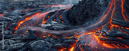 Volcanic landscape with multiple lava flows intertwining, volcano and lava, complex patterns