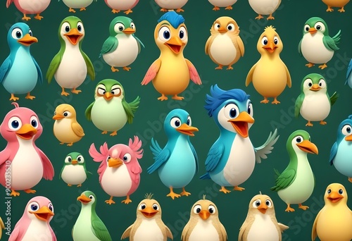 set of colored birds in different poses, birds of paradise, bee-eaters, iridescent colors. Large group of many different exotic pet birds.