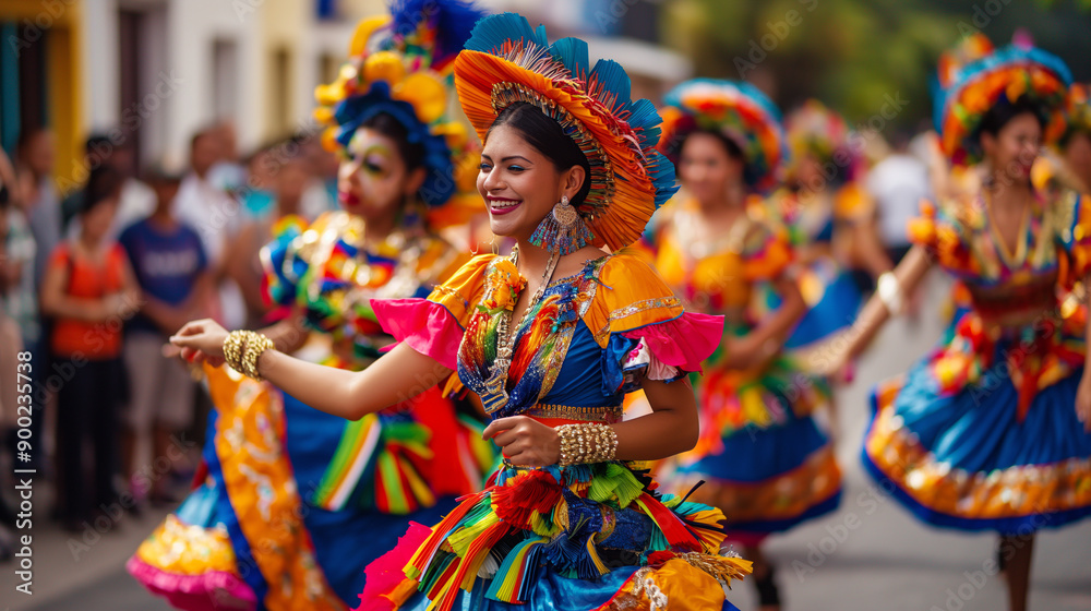 Naklejka premium A group of women in colorful costumes are dancing on a street