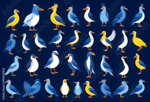 set of colored birds in different poses, birds of paradise, bee-eaters, iridescent colors. Large group of many different exotic pet birds.