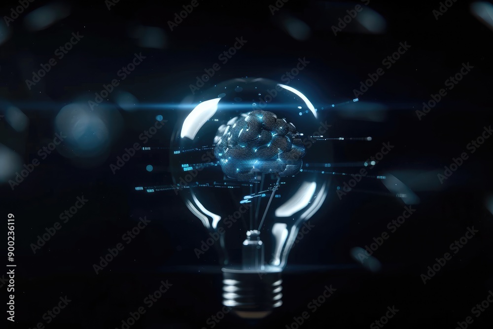 Fototapeta premium A Digital Brain Inside a Glowing Light Bulb