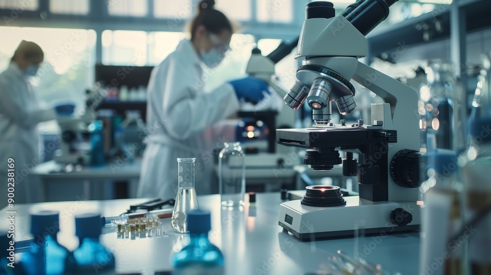 A woman is working in a lab with a microscope A woman is working in a lab with a microscope