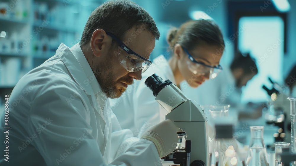 A man and a woman are looking through a microscope A man and a woman are looking through a microscope