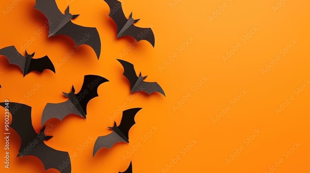 Minimalist Halloween Magic: Paper Cut Bats on Orange Background with Top View and Negative Space Highlight. halloween and decoration concept Minimalist Halloween Magic: Paper Cut Bats on Orange Background with Top View and Negative Space Highlight. halloween and decoration concept