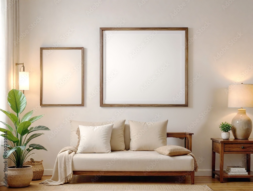 Sofa and blanket, large blank framed poster mockup, and plants, natural light background, home decor concept. 3D Rendering Sofa and blanket, large blank framed poster mockup, and plants, natural light background, home decor concept. 3D Rendering