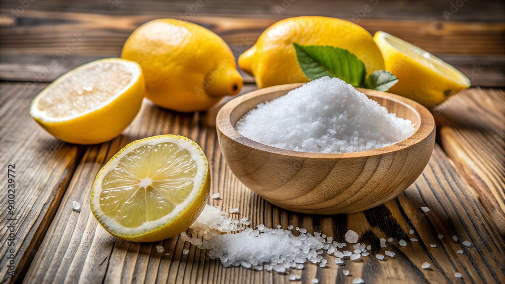 Citric acid, also known as lemon salt, presented on a wooden background, either in a wooden bowl or loose Citric acid, also known as lemon salt, presented on a wooden background, either in a wooden bowl or loose