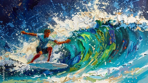 Surfer Riding a Giant Wave in an Impressionistic Style