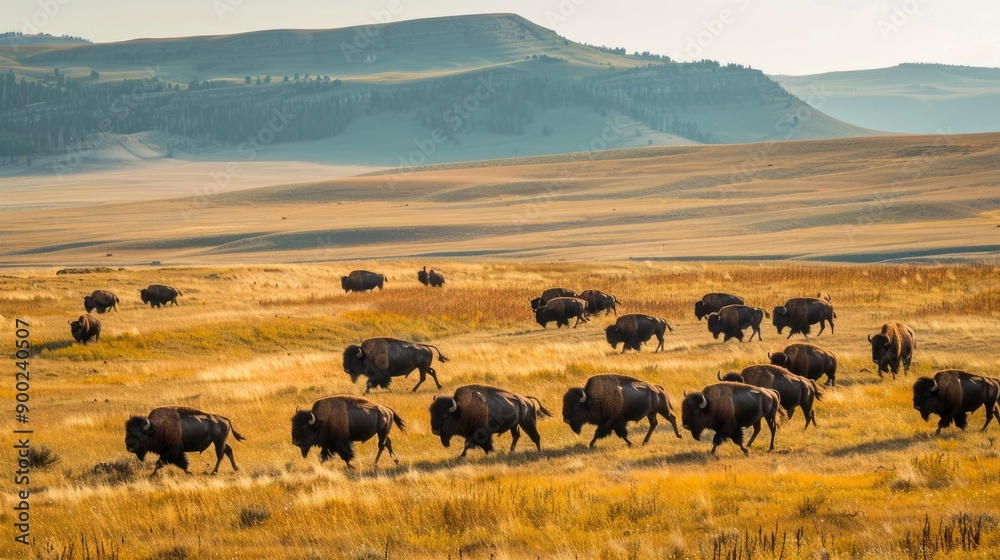 Obraz premium Herd of Bison Grazing in a Golden Grass Field