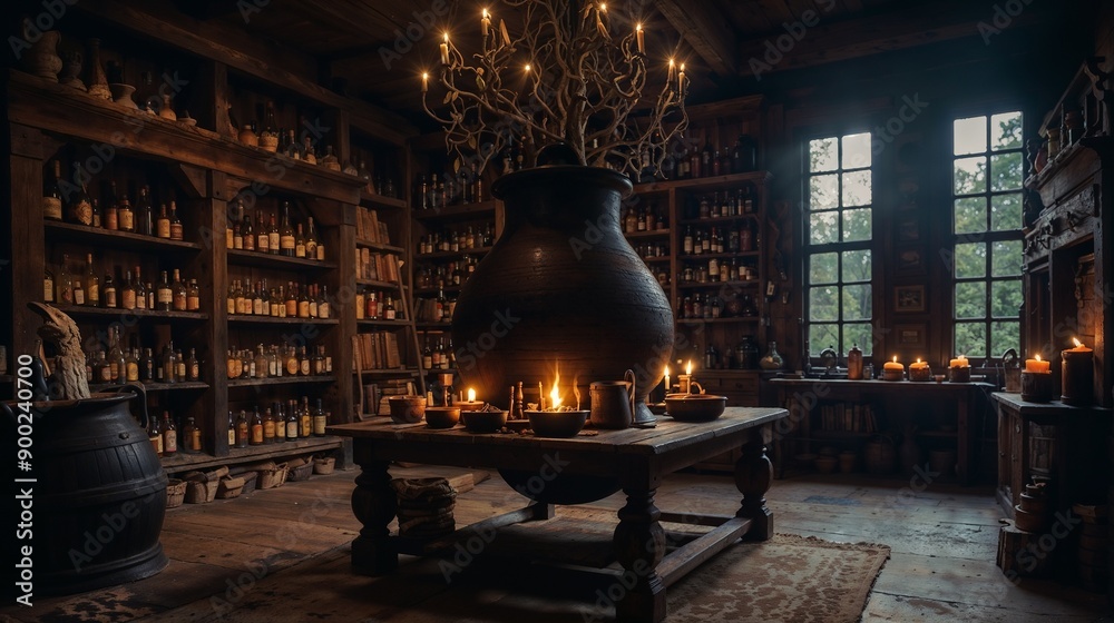 Magical Potion Bottles in Witch's Cauldron: Candles, Smoke, Spellbooks, Dark, Enchanted, Mystical, Spooky, Halloween, Vintage
