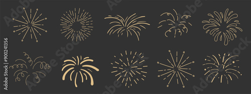 Set gold fireworks, firecrackers golden burst, rays festive doodle sparkle lights isolated on dark background.Celebration, Party Icon, Anniversary, New Year Eve, independence