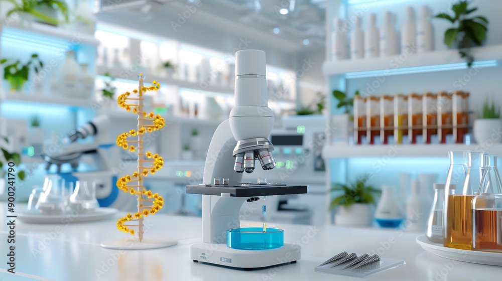 Close-up of a modern laboratory with a microscope, DNA model, and lab equipment, showcasing scientific innovation and research. Close-up of a modern laboratory with a microscope, DNA model, and lab equipment, showcasing scientific innovation and research.