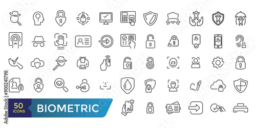 Biometric Related Line Icons Set. Related to Voice Recognition, Fingerprint, Door Lock and more. Collection and pack of linear web and ui icons. Editable stroke. Vector illustration.