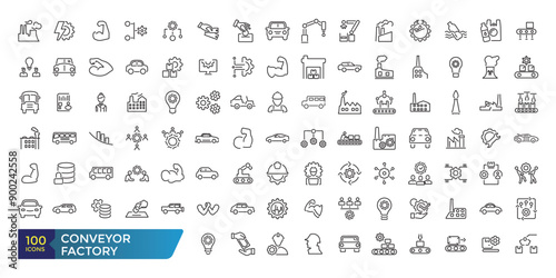 Conveyor factory icon set. Engineering and robotic industry. Conveyor belt. Collection and pack of linear web and ui icons. Editable stroke. Vector illustration.