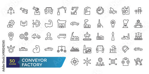 Conveyor factory icon set. Engineering and robotic industry. Conveyor belt. Collection and pack of linear web and ui icons. Editable stroke. Vector illustration.