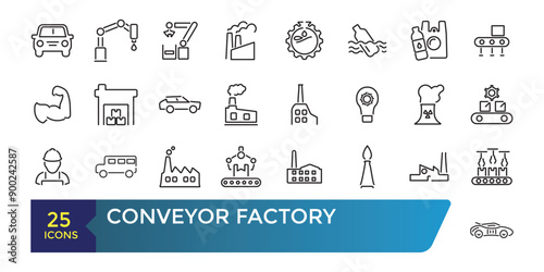 Conveyor factory icon set. Engineering and robotic industry. Conveyor belt. Collection and pack of linear web and ui icons. Editable stroke. Vector illustration.