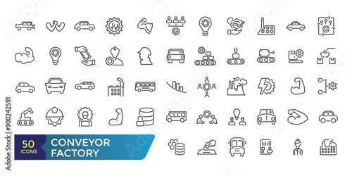 Conveyor factory icon set. Engineering and robotic industry. Conveyor belt. Collection and pack of linear web and ui icons. Editable stroke. Vector illustration.