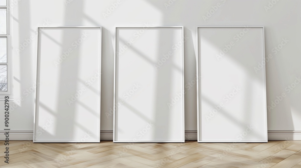 Minimalist interior with three vertical white blank wooden framed wall art pieces against a black background, showcasing modern simplicity and elegance. Minimalist interior with three vertical white blank wooden framed wall art pieces against a black background, showcasing modern simplicity and elegance.