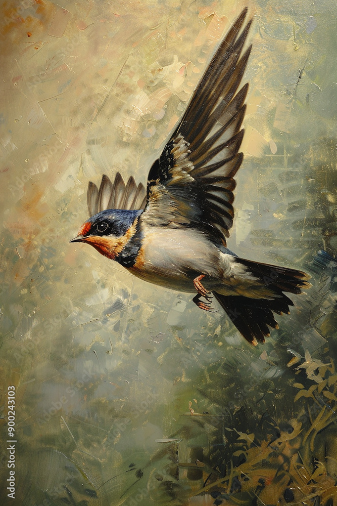 Obraz premium Detailed painting of a small bird in flight, showcasing the beauty and grace of wildlife art.