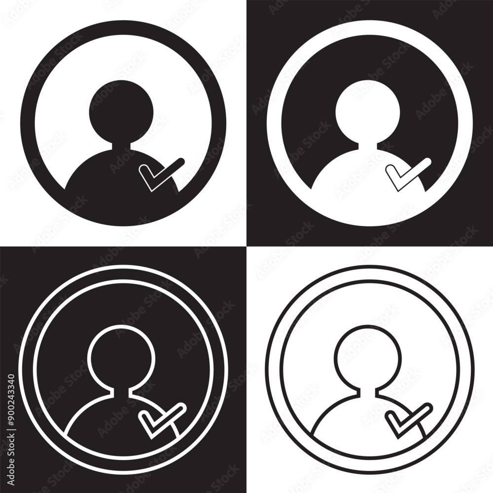 check user icon vector accept person profile avatar with checkmark yes tick symbol, checked user profile account approved icon. isolated on white and black background. Vector illustration. EPS 10 check user icon vector accept person profile avatar with checkmark yes tick symbol, checked user profile account approved icon. isolated on white and black background. Vector illustration. EPS 10