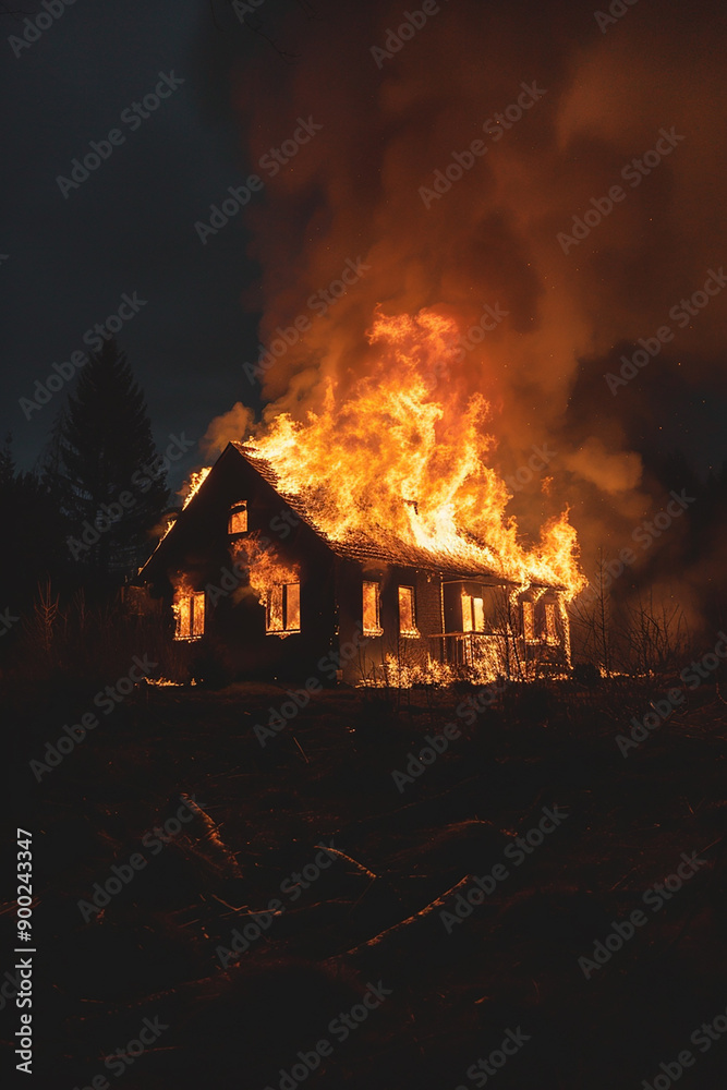 A house engulfed in intense flames at night, highlighting a dramatic and dangerous fire emergency situation. A house engulfed in intense flames at night, highlighting a dramatic and dangerous fire emergency situation.