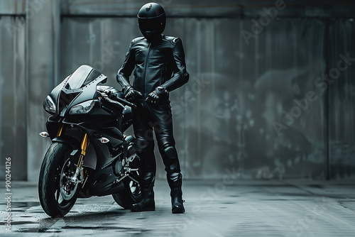 A solitary biker dressed in black leather gear stands by his motorcycle in an urban setting