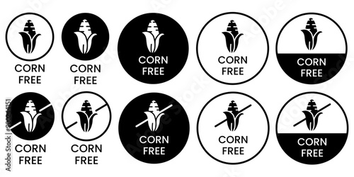 Corn free black icons. Set allergen free icons. Allergen free products. Products warning symbols.