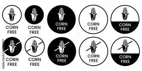 Corn free black icons. Set allergen free icons. Allergen free products. Products warning symbols.