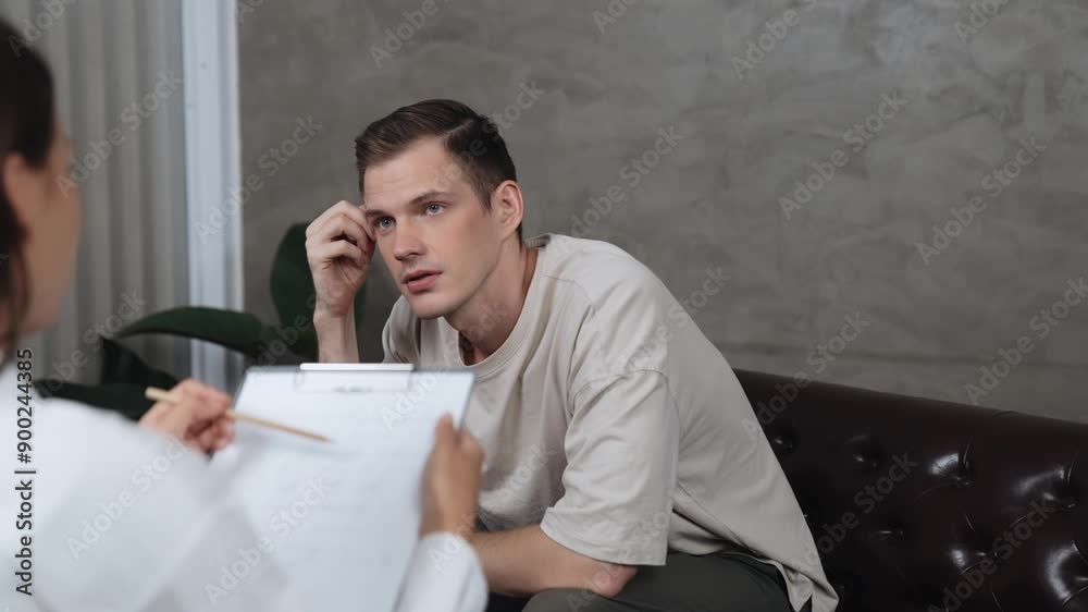 Psychological consultation gaining improvement on mental problem, young patient doing therapy session while psychiatrist making diagnostic on mental illness. Mental treatment session. Adit Psychological consultation gaining improvement on mental problem, young patient doing therapy session while psychiatrist making diagnostic on mental illness. Mental treatment session. Adit