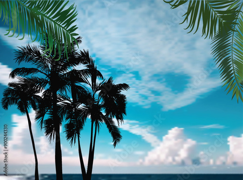 palm trees black group on blue sky background
