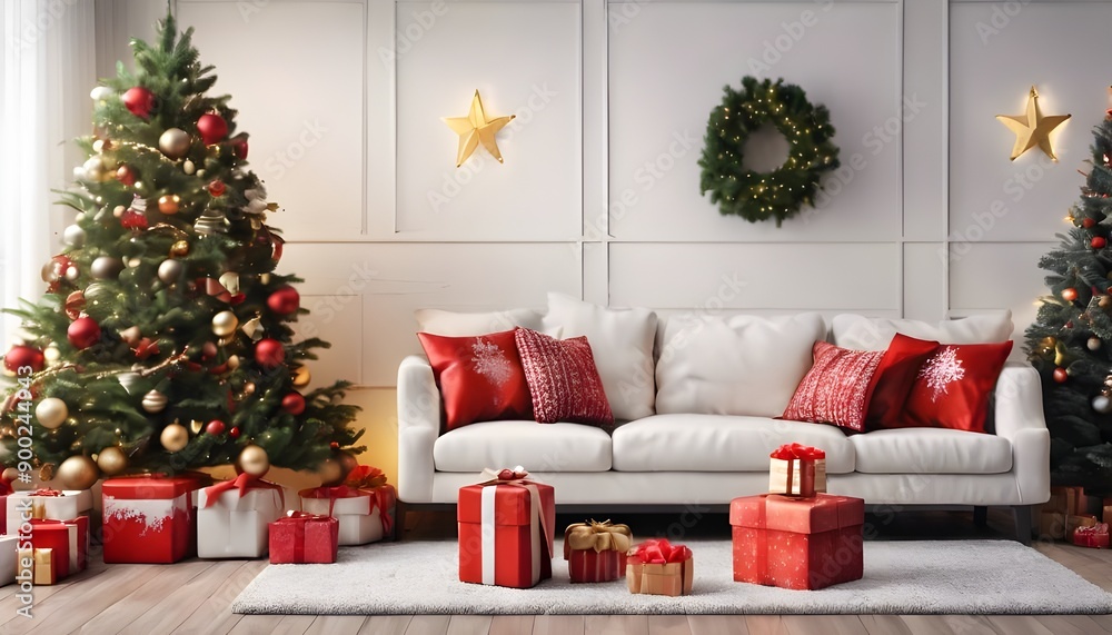 Festive Christmas Living Room with Decorated Tree and Cozy Atmosphere Festive Christmas Living Room with Decorated Tree and Cozy Atmosphere