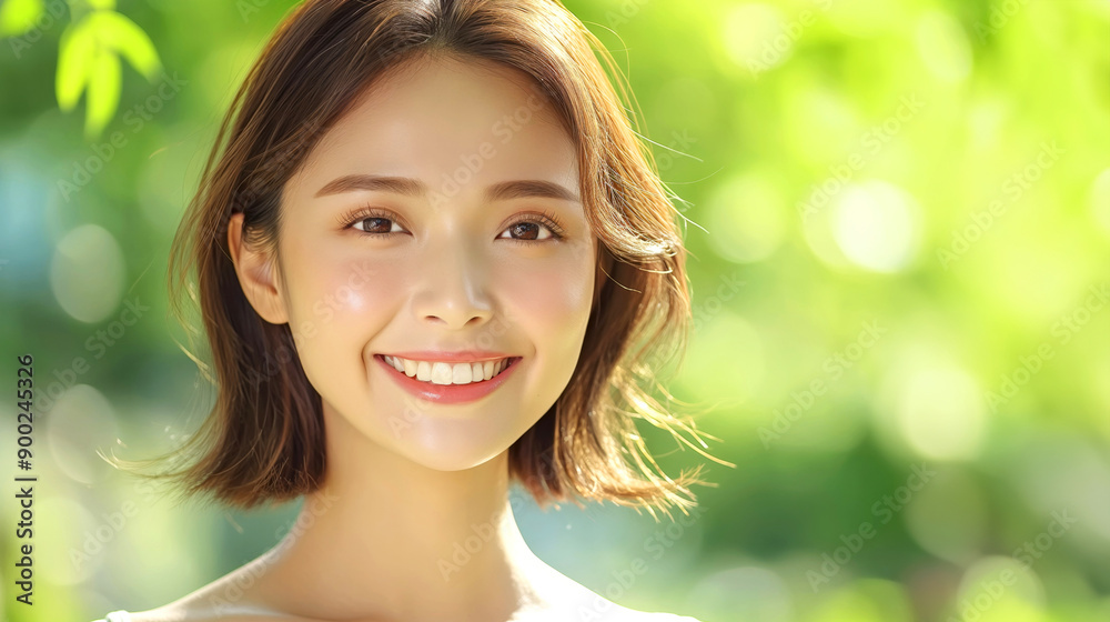Smiling Young Woman with Short Hair in Sunlit Garden - Natural Beauty and Healthy Glow Smiling Young Woman with Short Hair in Sunlit Garden - Natural Beauty and Healthy Glow