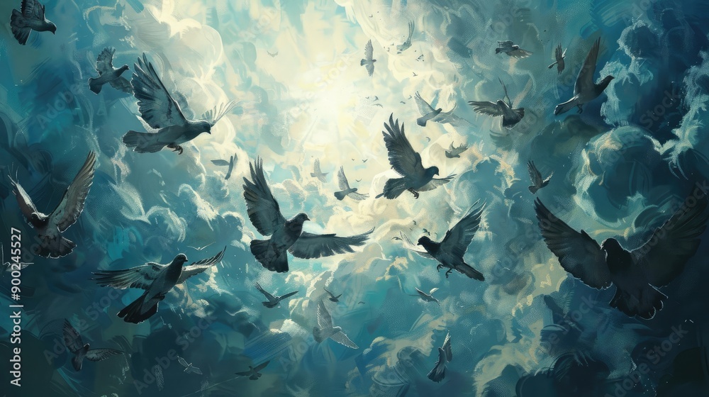 Fototapeta premium Pigeons Flying Blue Sky Clouds. Generative AI