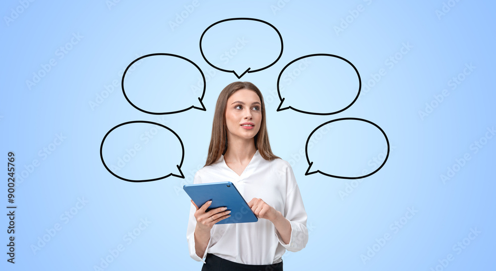 Woman holding a tablet with speech bubbles on a blue background. Woman holding a tablet with speech bubbles on a blue background.