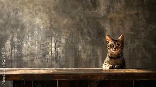 Cute Kitten Sitting on a Wooden Table with a Blurry Background