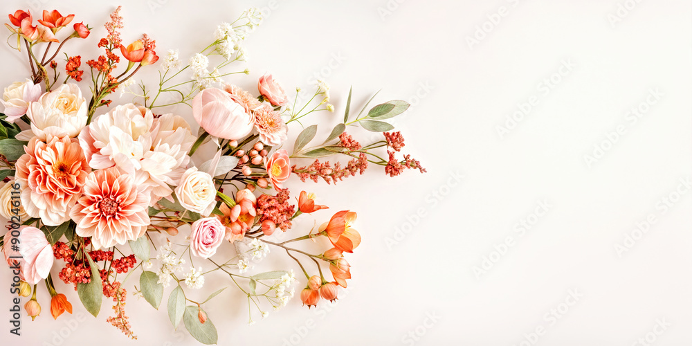 Elegant Floral Bouquet with Soft Pastel Flowers and Green Leaves on Light Background. Autumnal flowers composition, banner Elegant Floral Bouquet with Soft Pastel Flowers and Green Leaves on Light Background. Autumnal flowers composition, banner