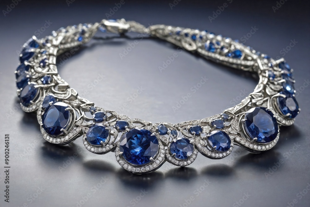 Sapphire Necklace on Light Gray Background: A statement sapphire necklace arranged in a gentle curve on a light gray background. Sapphire Necklace on Light Gray Background: A statement sapphire necklace arranged in a gentle curve on a light gray background.