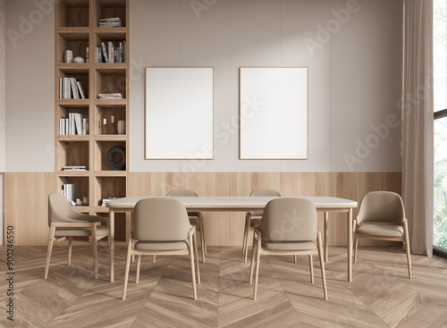 Beige home living room interior with table and chairs, window. Mockup frames