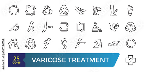 Varicose treatment icons set. Leg veins thrombosis disease and surgery vector symbols. Collection and pack of linear web and ui icons. Editable stroke. Vector illustration.