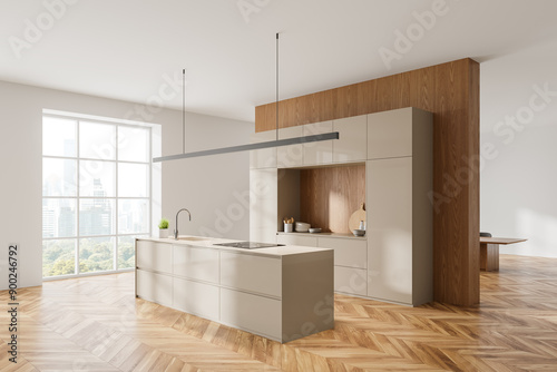 Luxury home kitchen interior with bar island, cooking cabinet near window