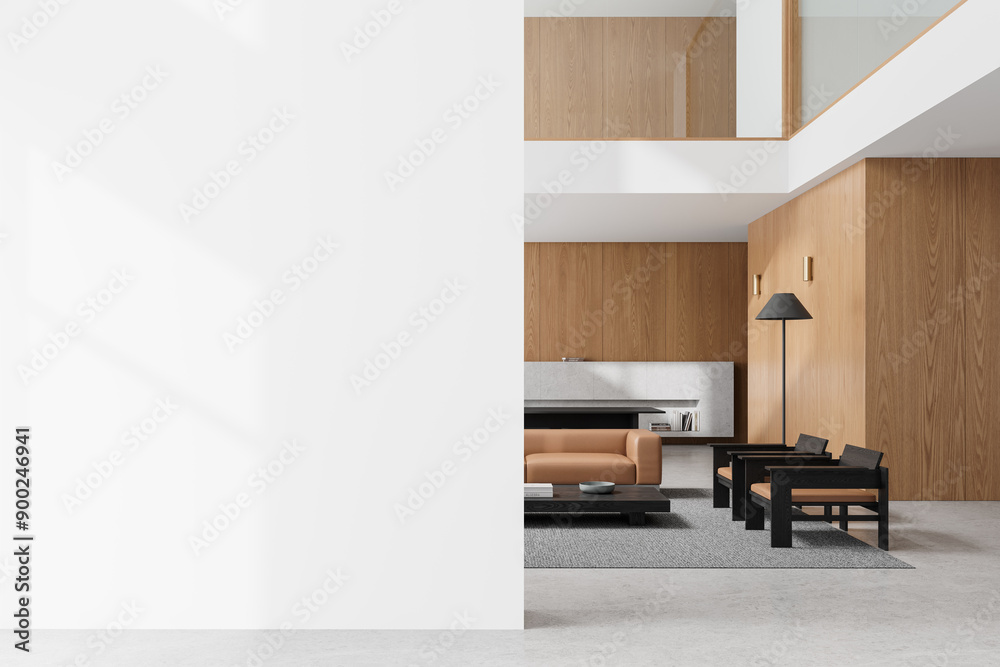 Fototapeta premium Cozy living room interior with sofa and armchairs, shelf and mockup wall