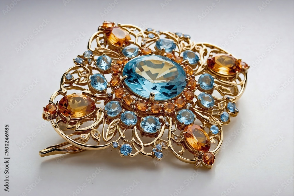 Topaz Brooch on White Background: An intricately designed topaz brooch laid flat on a plain white background. Topaz Brooch on White Background: An intricately designed topaz brooch laid flat on a plain white background.