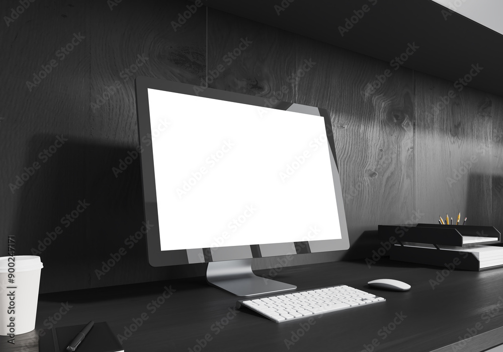 Fototapeta premium Office coworking interior with pc computer on table with mockup display