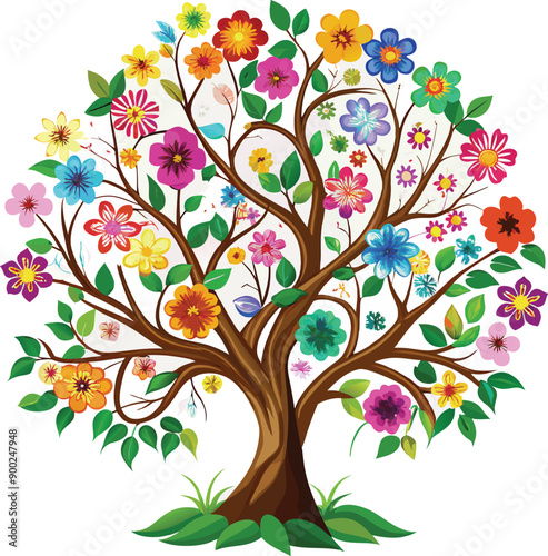 Floral spring stock vector nice tree and leave with colorful flower white background