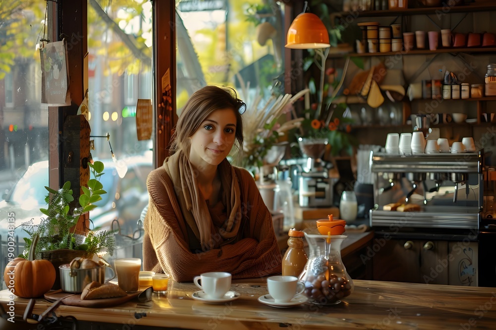 Woman Overseeing a Cozy Café with Rustic Decor and Freshly Brewed Coffee Aromas Woman Overseeing a Cozy Café with Rustic Decor and Freshly Brewed Coffee Aromas