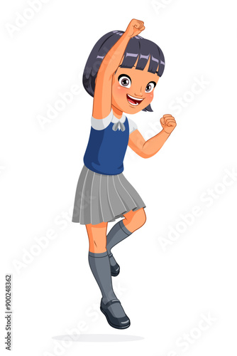 Little Asian girl in school uniform jumping with one hand in the air. Cartoon vector illustration.