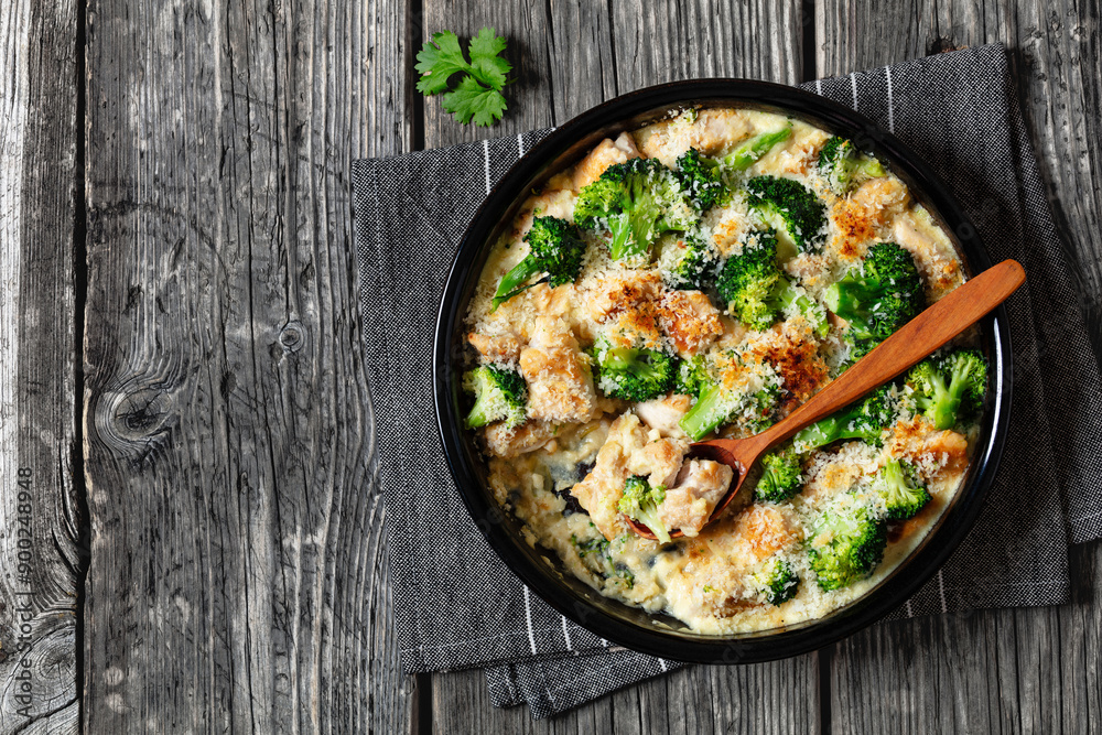 Chicken Divan with broccoli and panko, top view Chicken Divan with broccoli and panko, top view