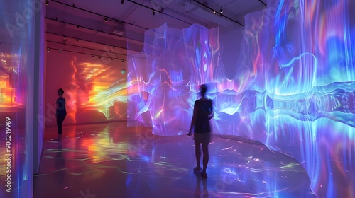 Art Installation Featuring Holographic Projections of Flowing Forms and Vibrant Colors, Creating an Otherworldly Atmosphere in the Gallery Space